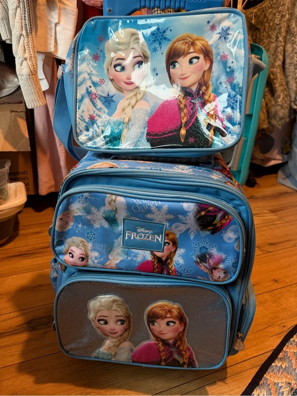 Disney Frozen Light Blue and Pink Character Rolling Backpack and Lunchbox Set
